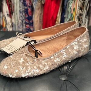 Zara Women's Sparkling Sequin Flats - Cream NEW!